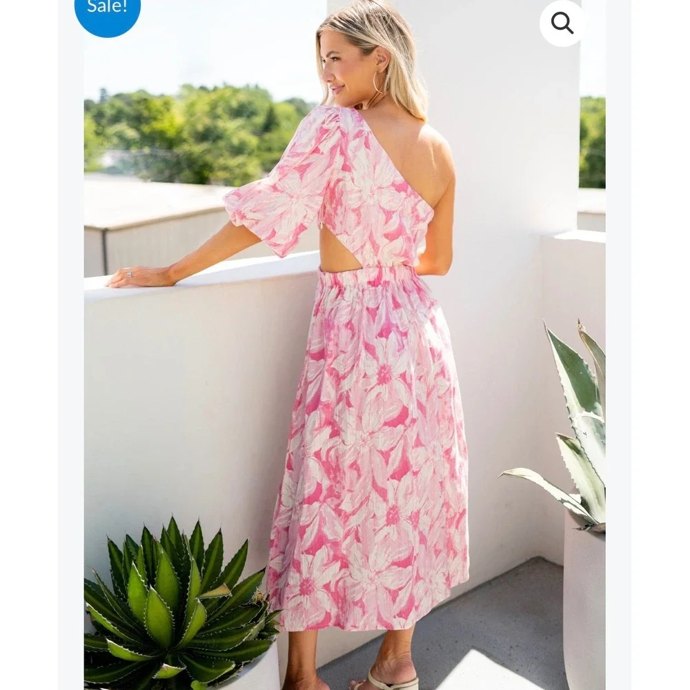 Olivaceous One Shoulder Floral Cutout Midi Dress Womens‎ Large Pink
